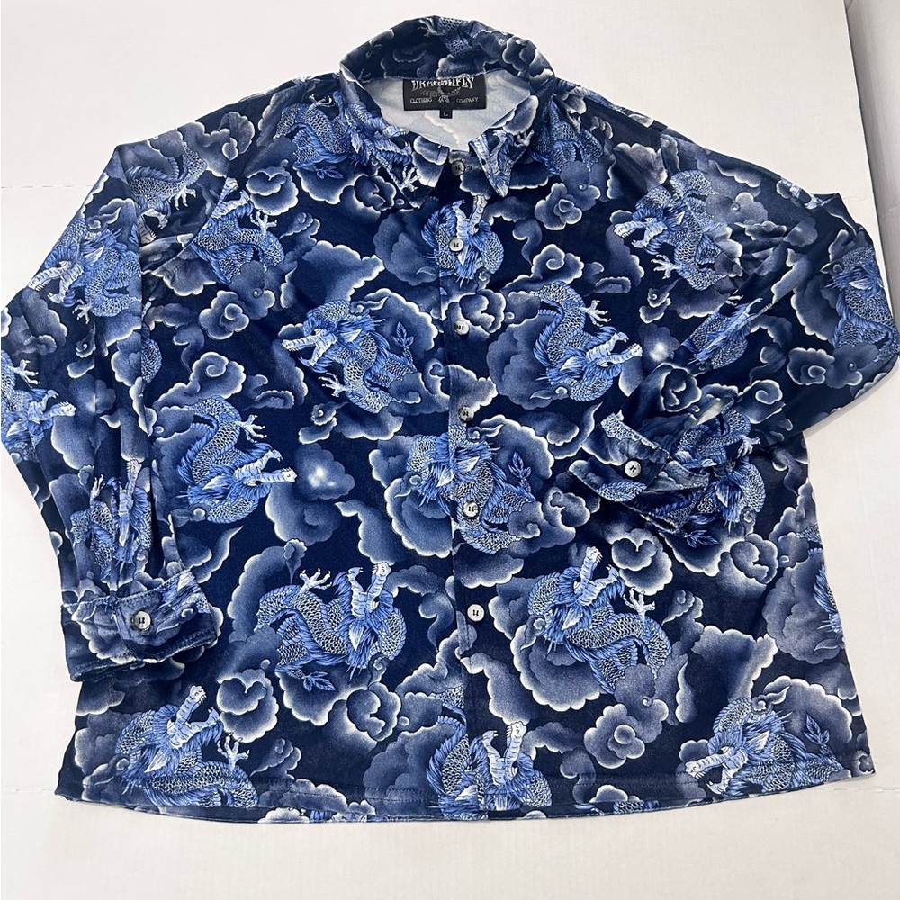 3/$30 SALE Vintage Dragonfly RARE  Blue Dragon Velveteen Button Down Shirt